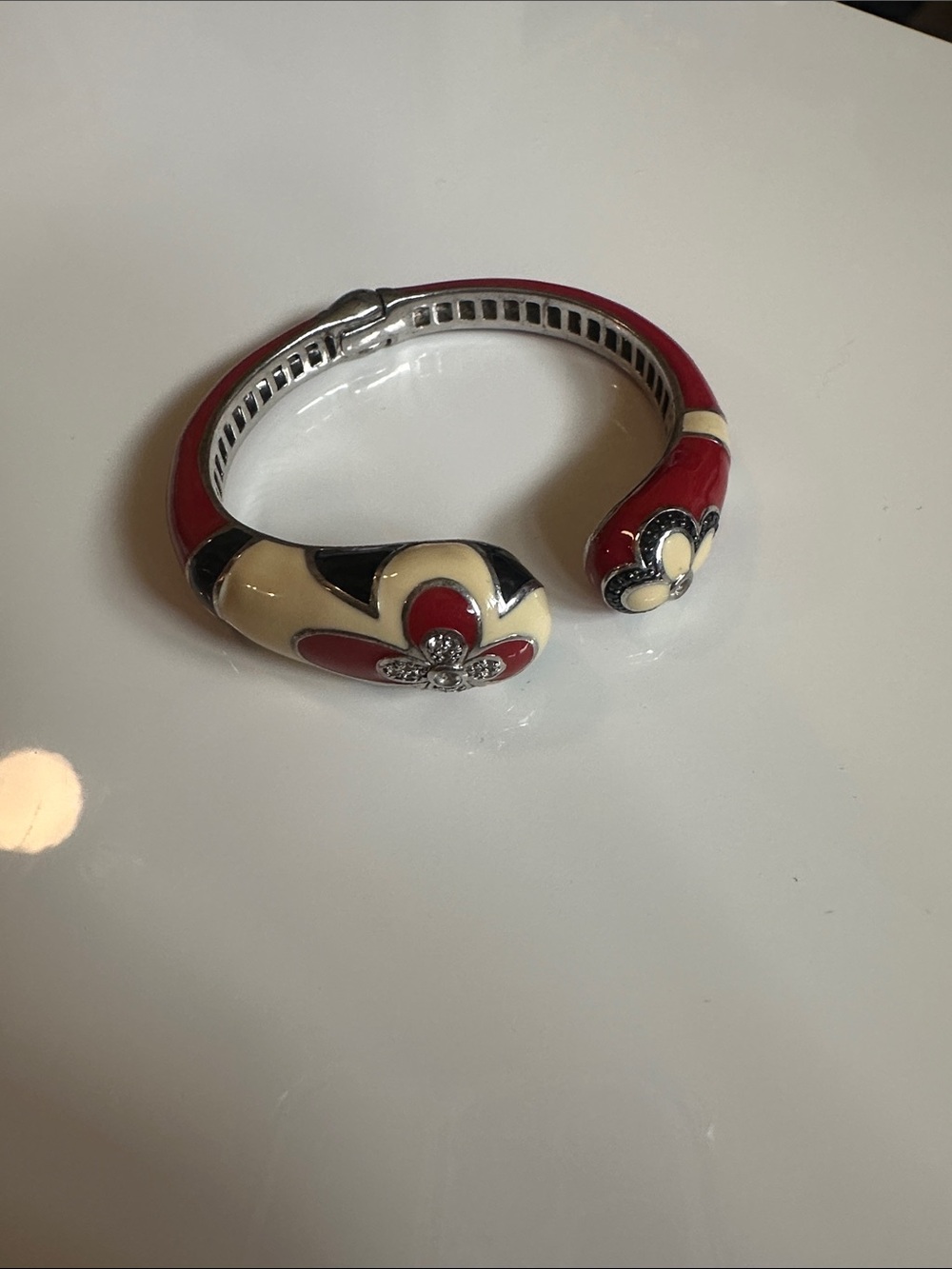 Enamel Open Cuff Bracelet in Red, Cream, and Black with Crystal Details